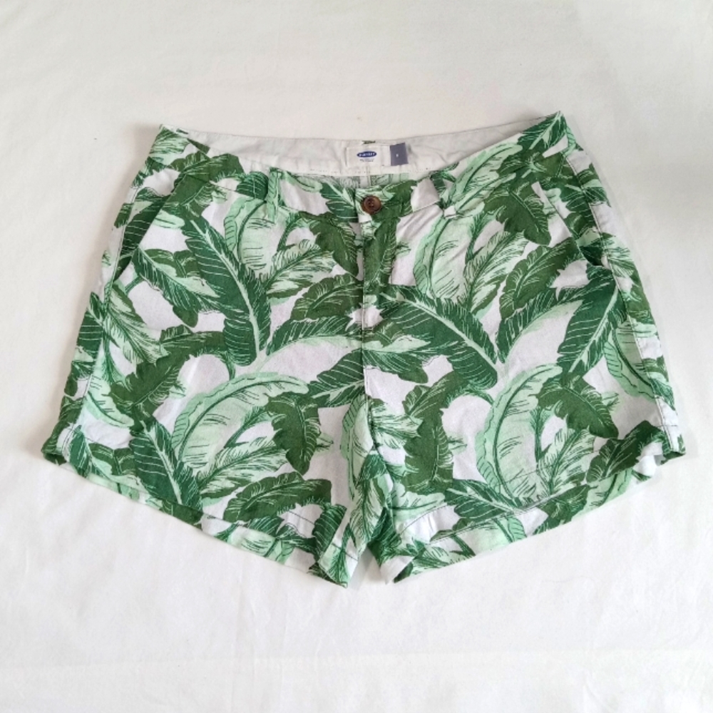 Old Navy Shorts Linen Philodendren Leaves Size 6 Green White - Picture 1 of 13